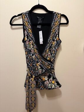 White House Black Market Black Floral Wrap Tank with Yellow Accents